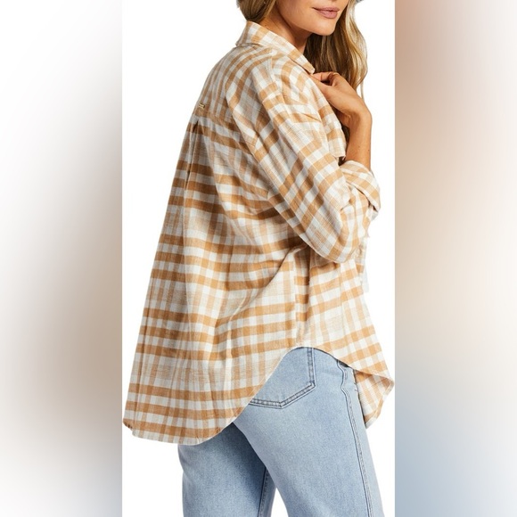 Billabong So Stoked Button-Down Flannel Shirt in Tan and White - Picture 4 of 14